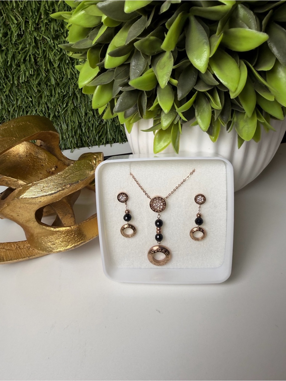 Rose Gold and Black Stone Pendant Necklace & Earring Set